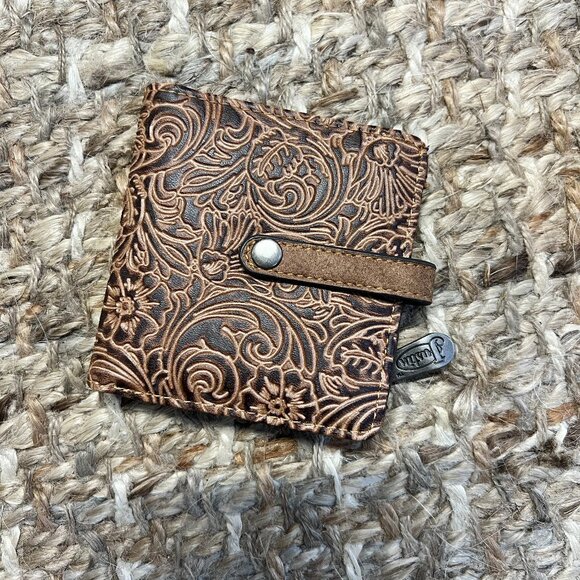 Justin tri-fold leather tooled wallet, brown - Picture 1 of 3